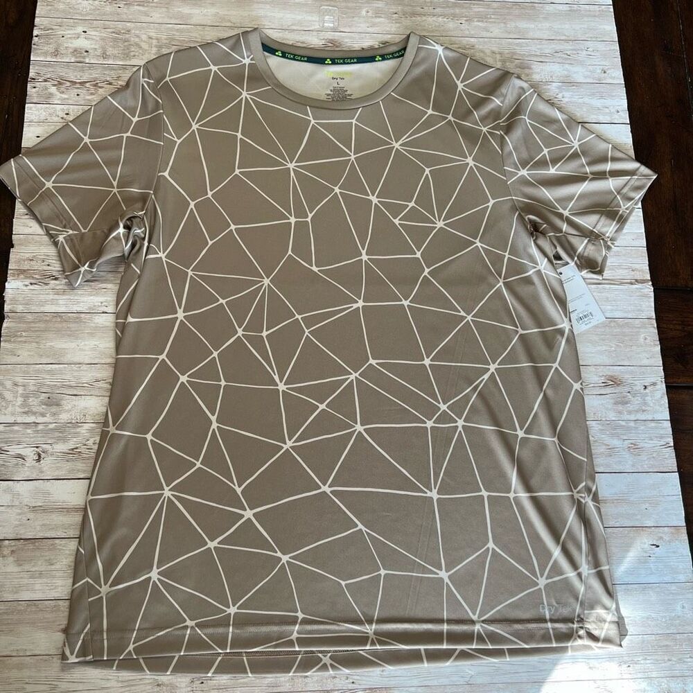 TEK GEAR Mens Tan White Geometric Print Crew Neck Short Sleeve T-Shirt Large NWT